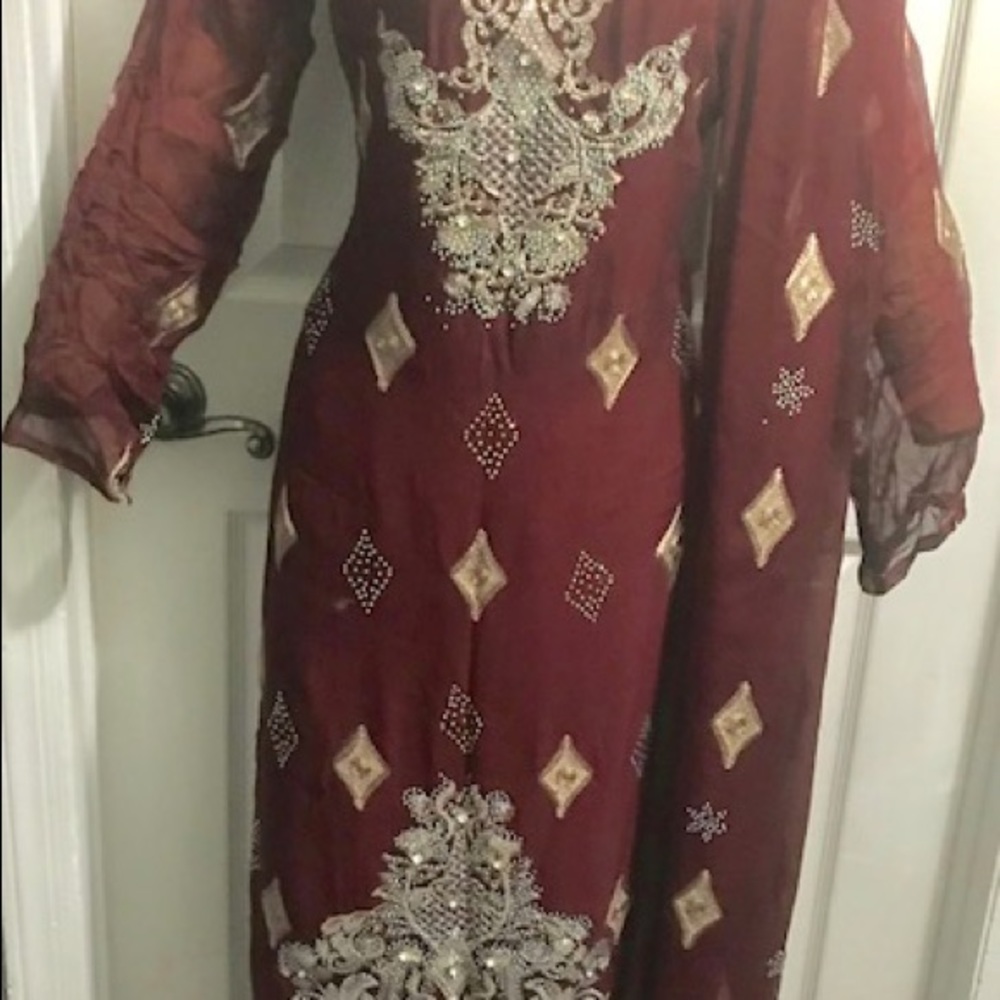 Maroon georgette dress with silver work